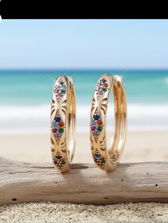 Source Unknown Jewelry - Elegant Hoop Earrings with Zirconia Glass Stone Inlay